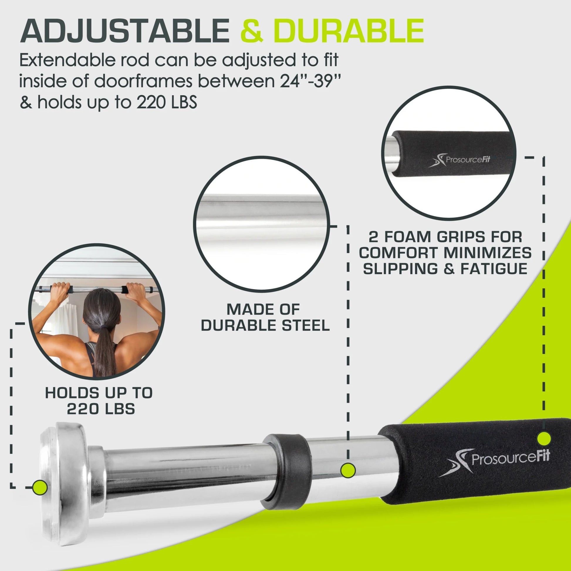 Heavy Duty Doorway Mount Pull Up/Chin-Up Bar, Adjustable with Foam Grips for Home Workouts